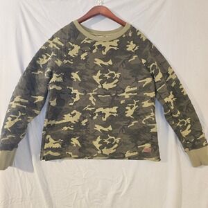 LL Bean Quilted Sweatshirt M Green Camo Raglan Crew Neck Pullover Outdoor